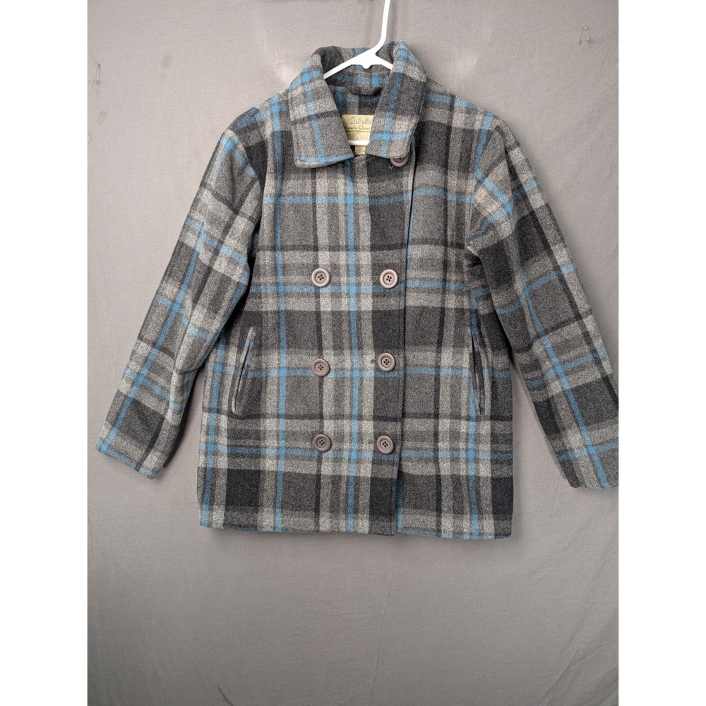 Cabelas Womens Medium Plaid Wool Blend Pea Coat Jacket Grey Blue Double Breasted